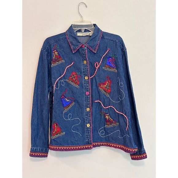 Carrie Allen Ice Skate All Over Embroidered Denim Shirt Jacket Shacket Womens XL - Picture 1 of 8